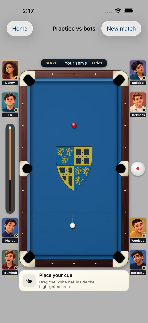 Actual Balldog gameplay: eight character portraits surround a blue pool table.